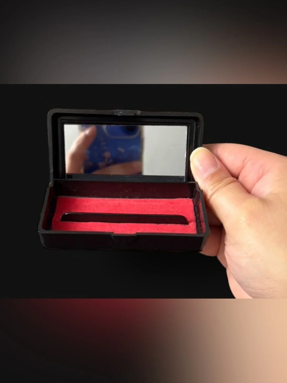 Vintage 1980s Black Lacquer Iris Flower Lipstick Case Travel Mirror Compact